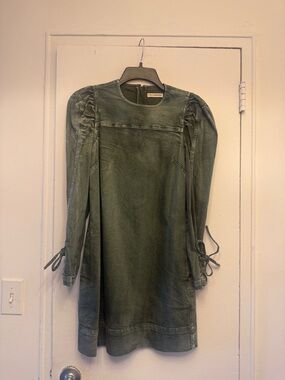 Ulla Johnson Washed Olive Mini Dress with Tie Cuffs via sleeves